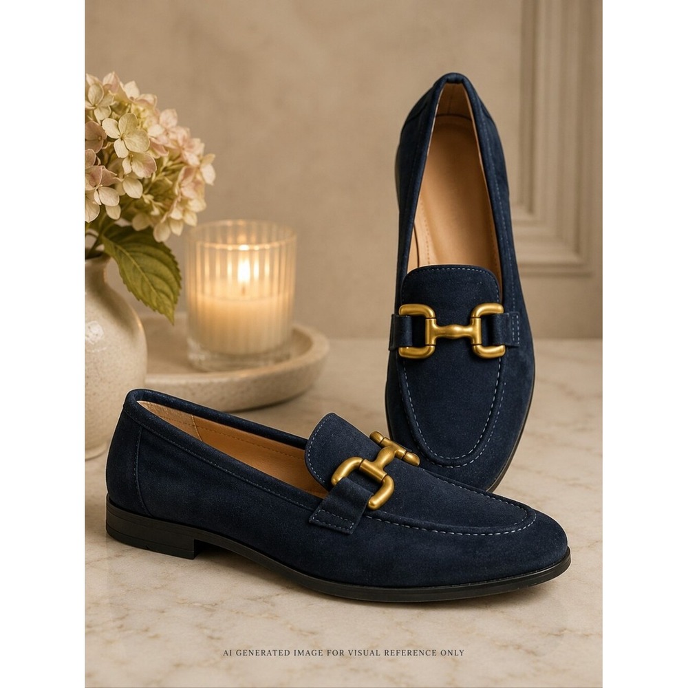 Faux Suede Buckle Loafers Size 7 Navy New NWT